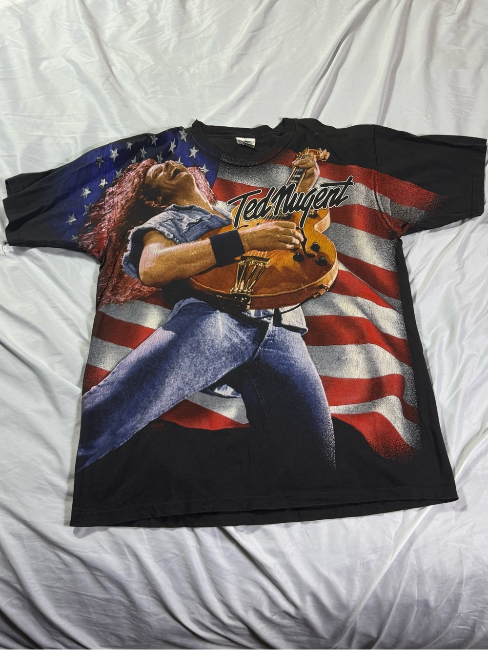 1996 Vintage Ted Nugent Tour AOP Tee - Black with American Flag & Guitar VTG